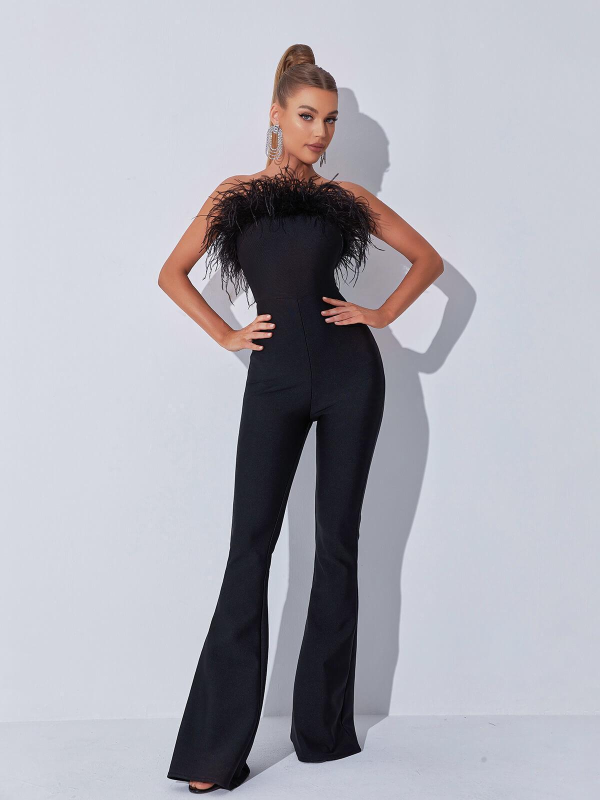 Padma Bandeau Feather Bandage Jumpsuit In Black