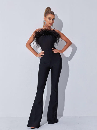 Padma Bandeau Feather Bandage Jumpsuit In Black