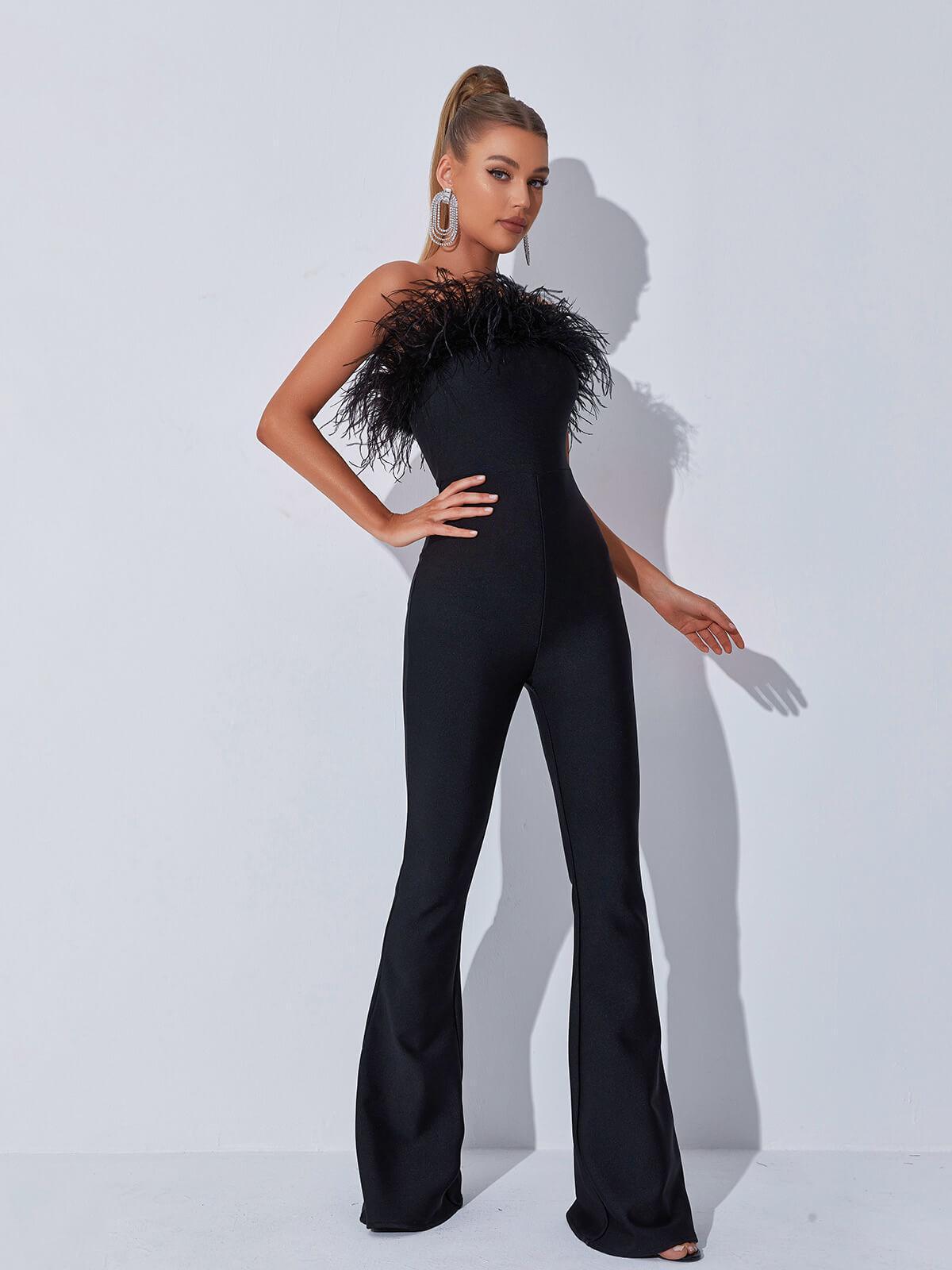 Padma Bandeau Feather Bandage Jumpsuit In Black