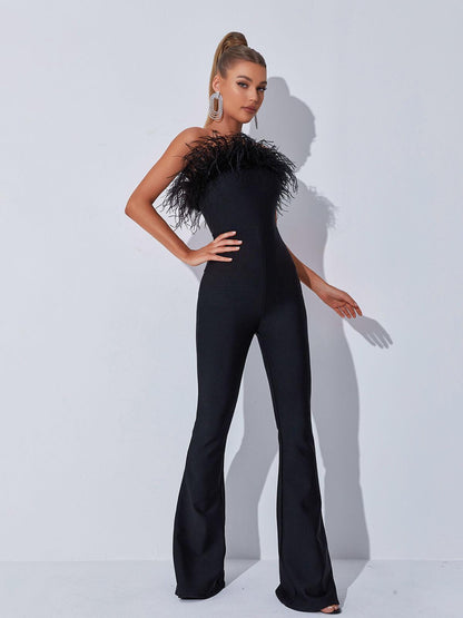 Padma Bandeau Feather Bandage Jumpsuit In Black