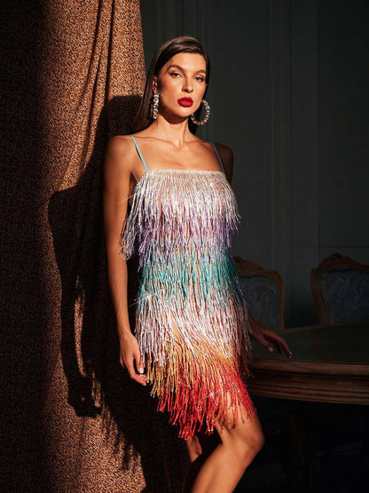 Pamina Spaghetti Glitter Fringe Mini Dress