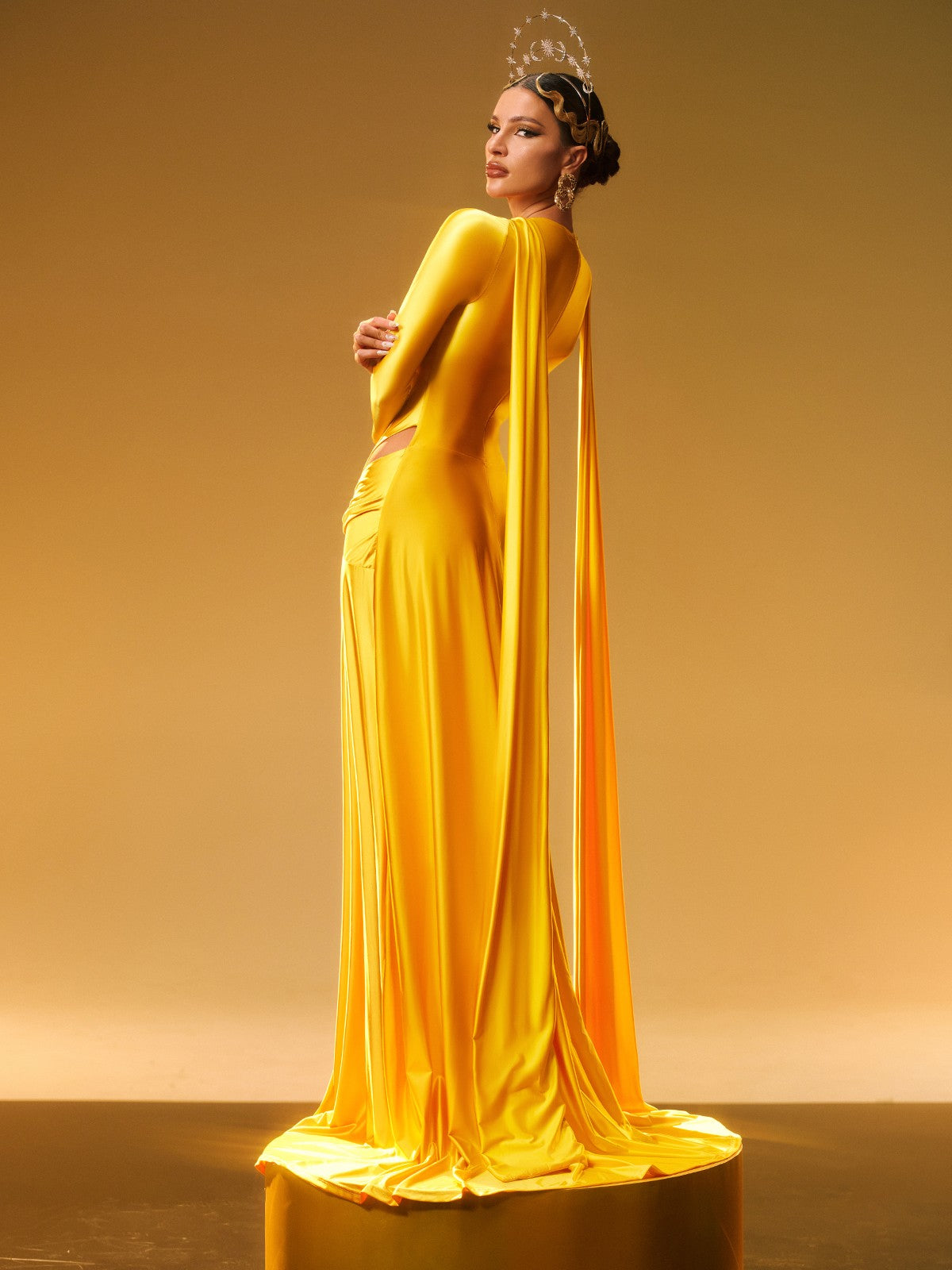 Panya Long Sleeve Crystal Satin Maxi Dress