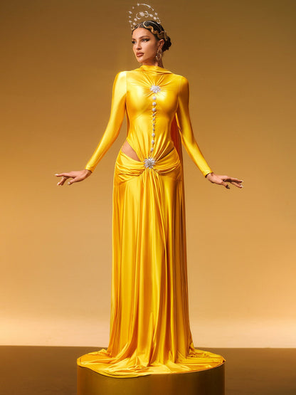 Panya Long Sleeve Crystal Satin Maxi Dress