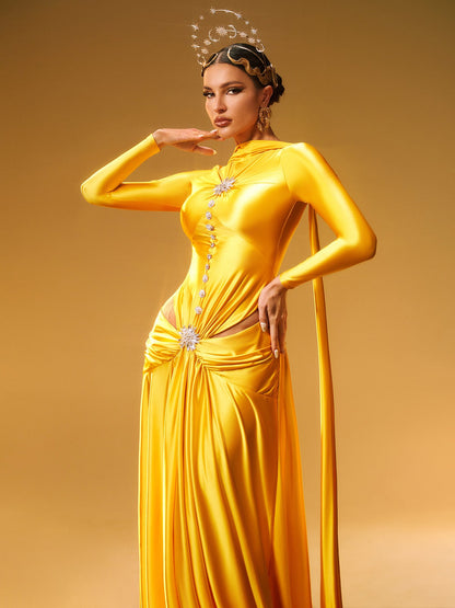 Panya Long Sleeve Crystal Satin Maxi Dress