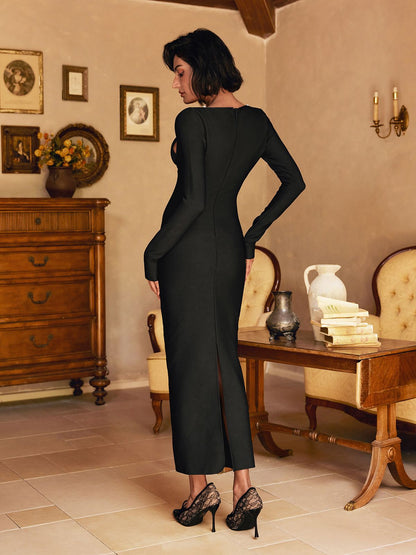 Patricia Long Sleeve Pearl Bandage Midi Dress