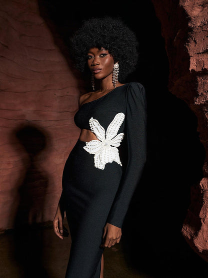 Patsy Flower Pearl Cutout Bandage Dress