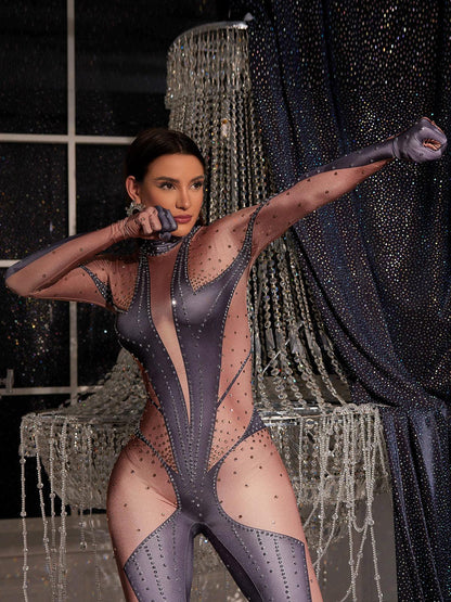 Pera Body Printed Rhinestone Gloves Jumpsuit In Grey