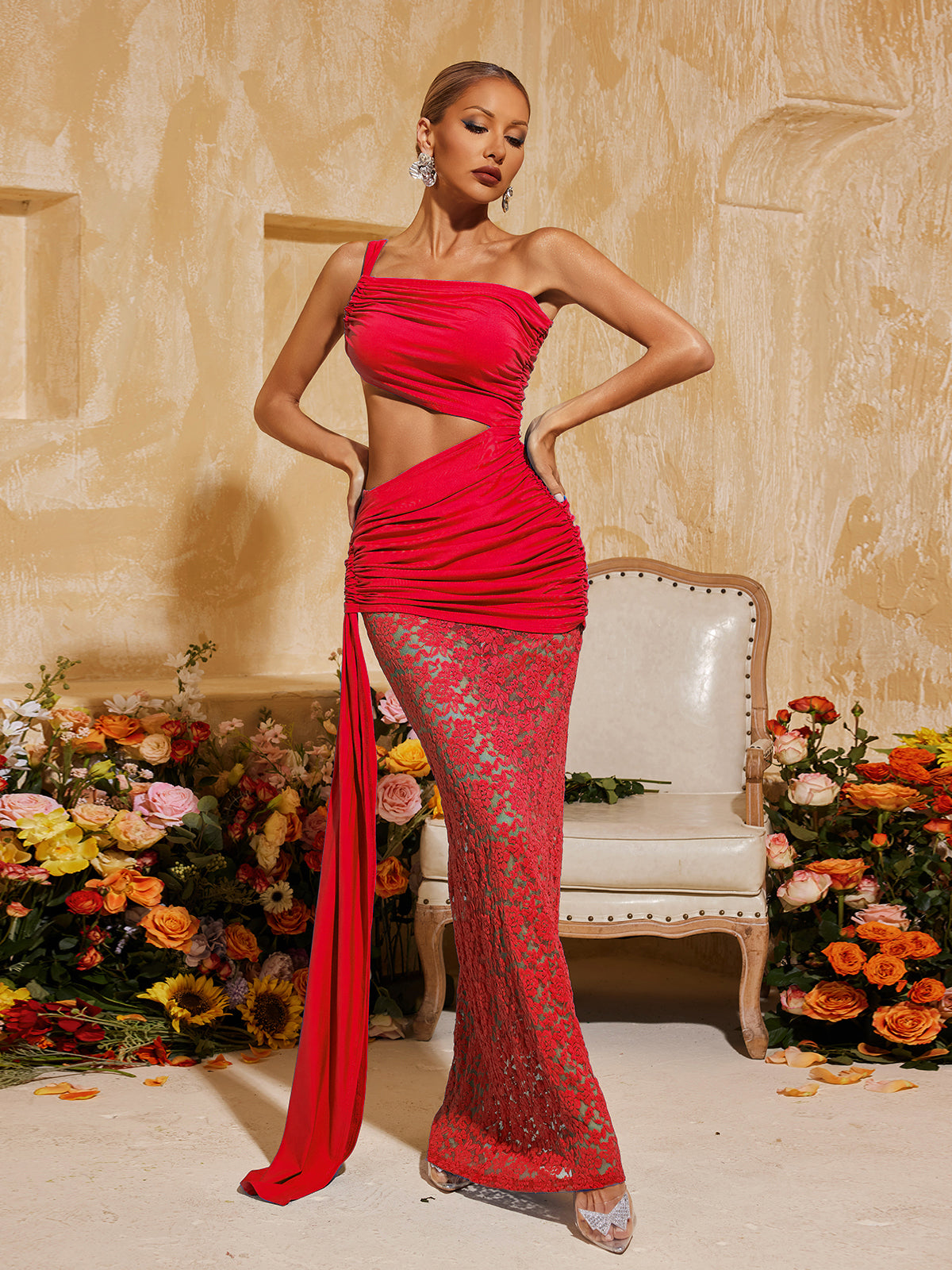 Phelia Cutout Lace Draped Maxi Dress In Red