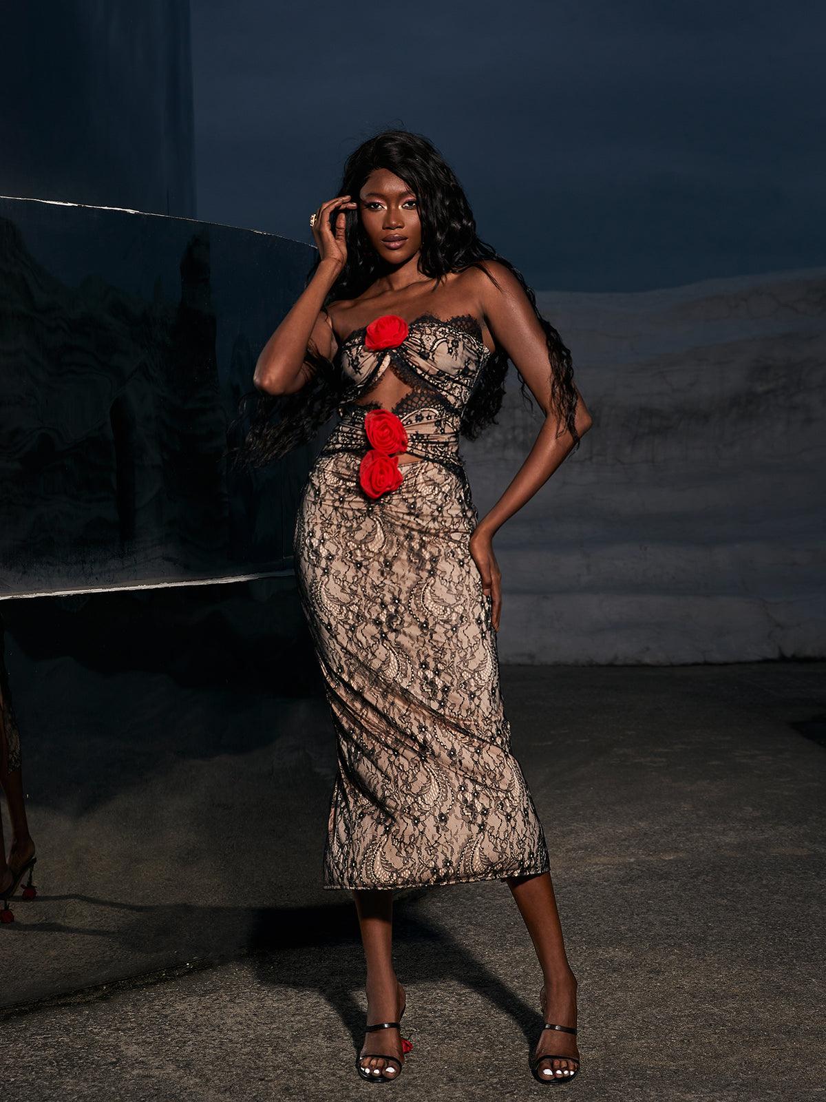 Phoenix Flower Lace Midi Dress