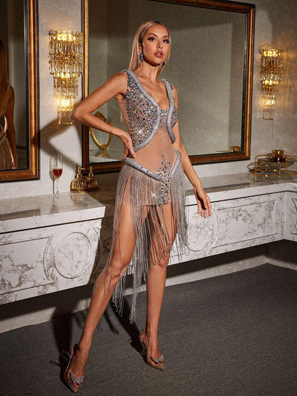 Pluto V Neck Snake Crystal Frige Mini Dress