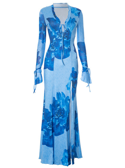 Pyxaris V Neck Split Floral Maxi Dress