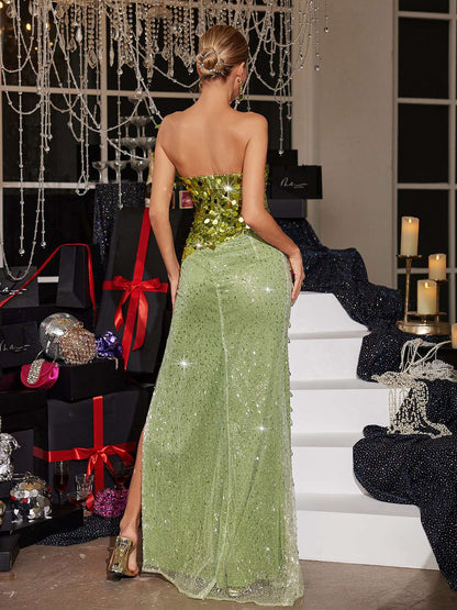 Qorow Feather Trimmed Crystal Chain Fringe Maxi Dress