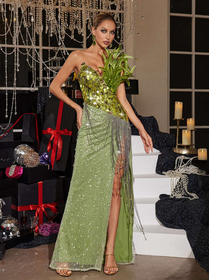 Qorow Feather Trimmed Crystal Chain Fringe Maxi Dress