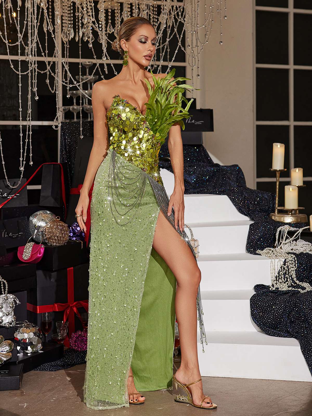 Qorow Feather Trimmed Crystal Chain Fringe Maxi Dress