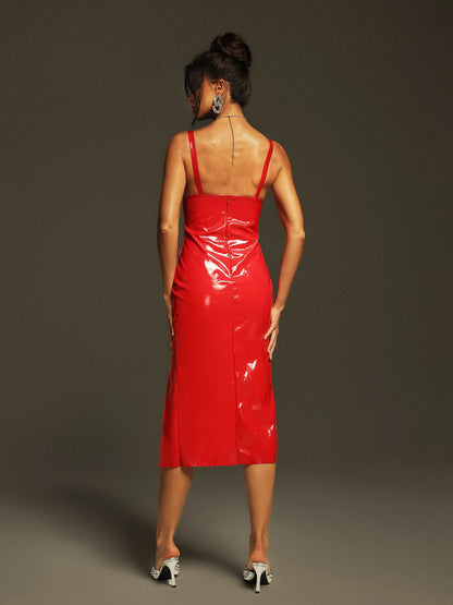 Quavious Spaghetti Fire Split Midi Dress