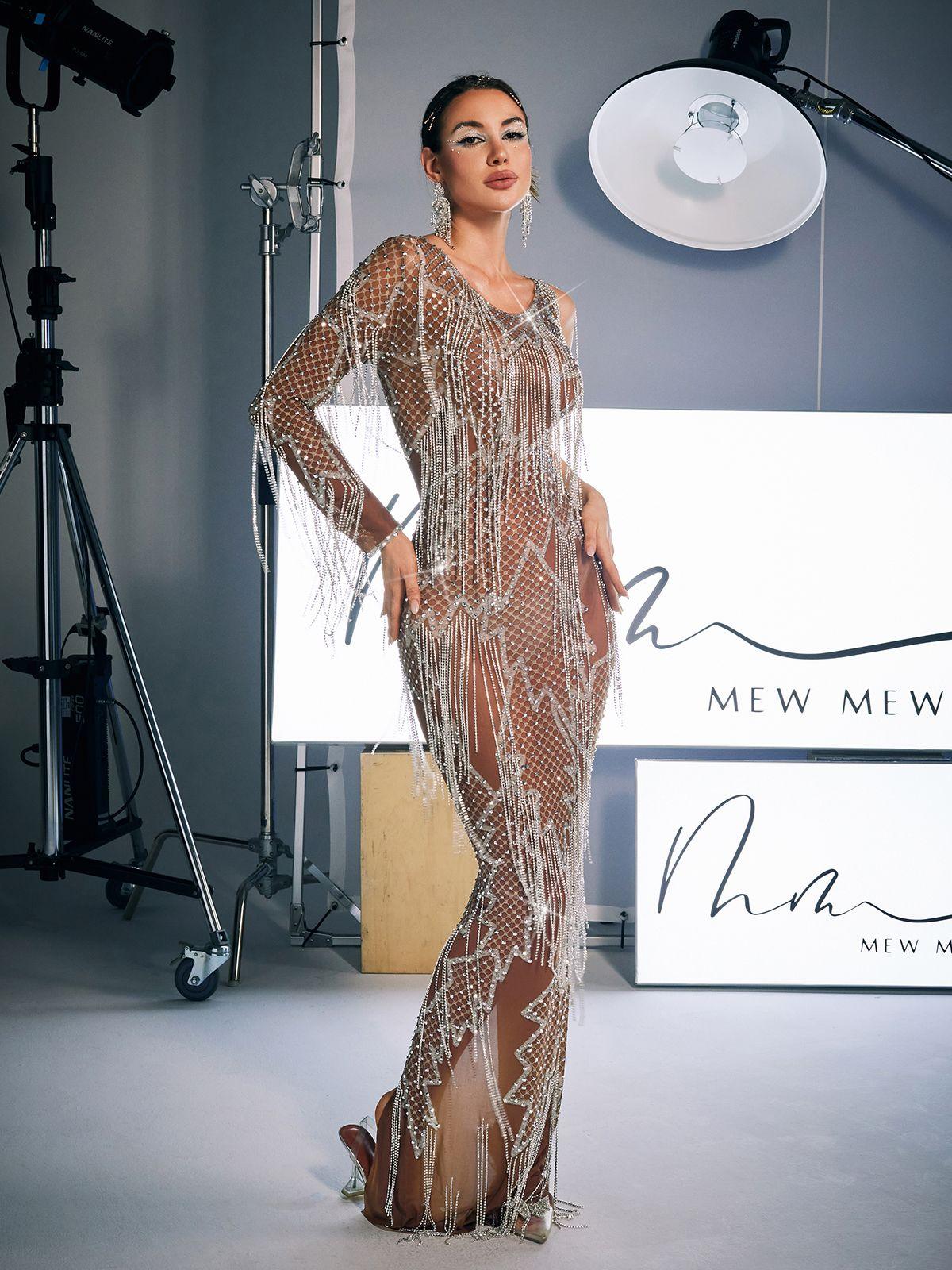 Quentin Printed Rhinestone Fringe Maxi Dress