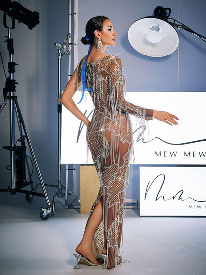 Quentin Printed Rhinestone Fringe Maxi Dress