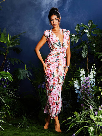Quinta V Neck Floral Printed Midi Dress