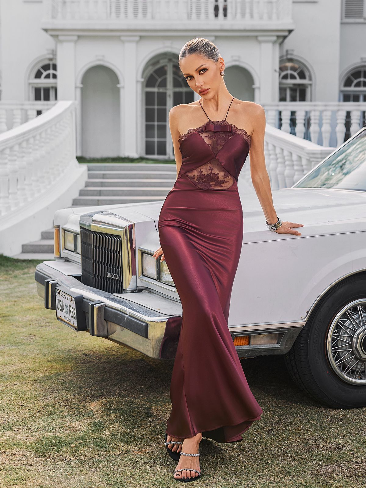 Quivara Halterneck Trimmed Satin Maxi Dress