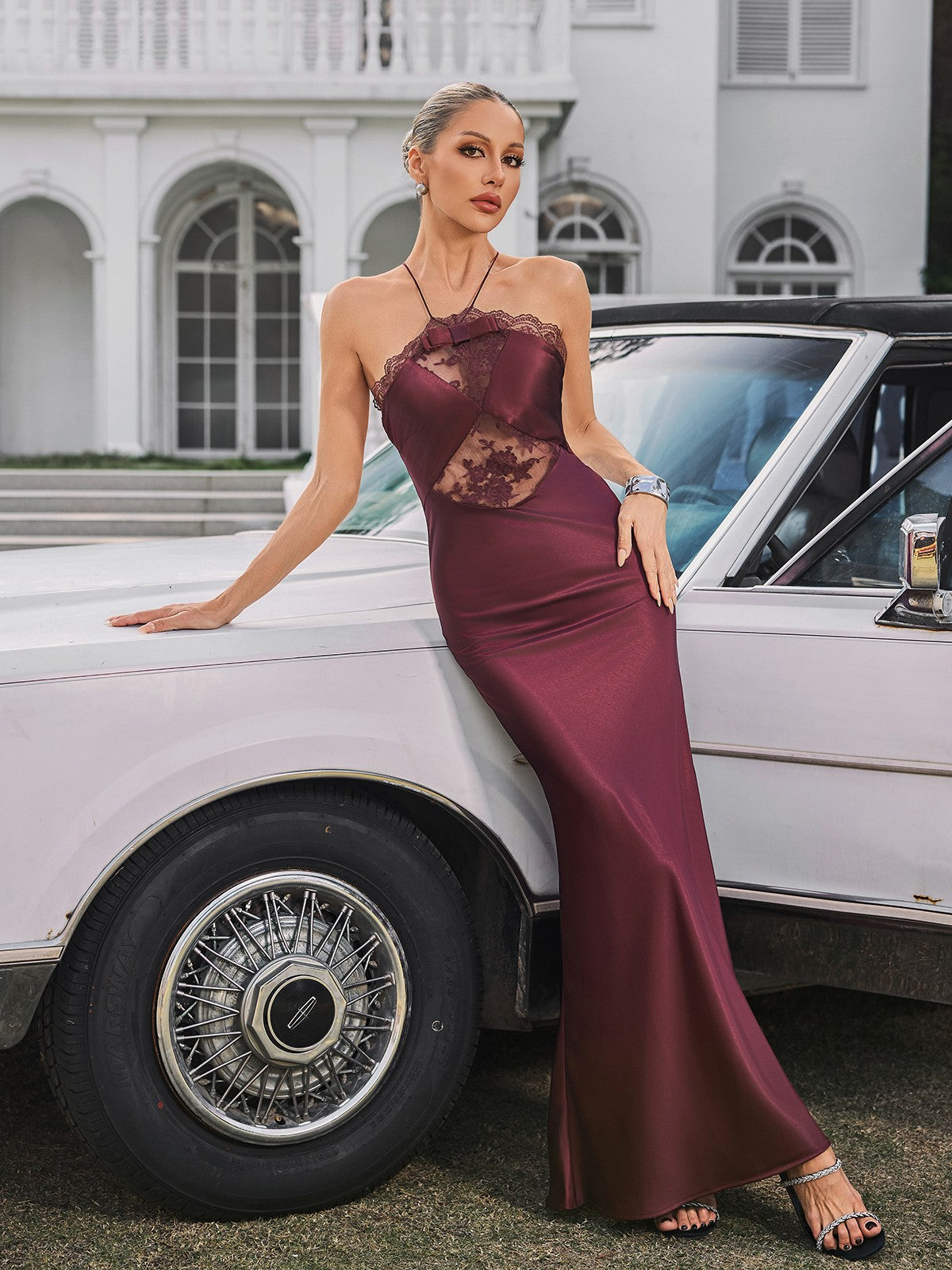 Quivara Halterneck Trimmed Satin Maxi Dress