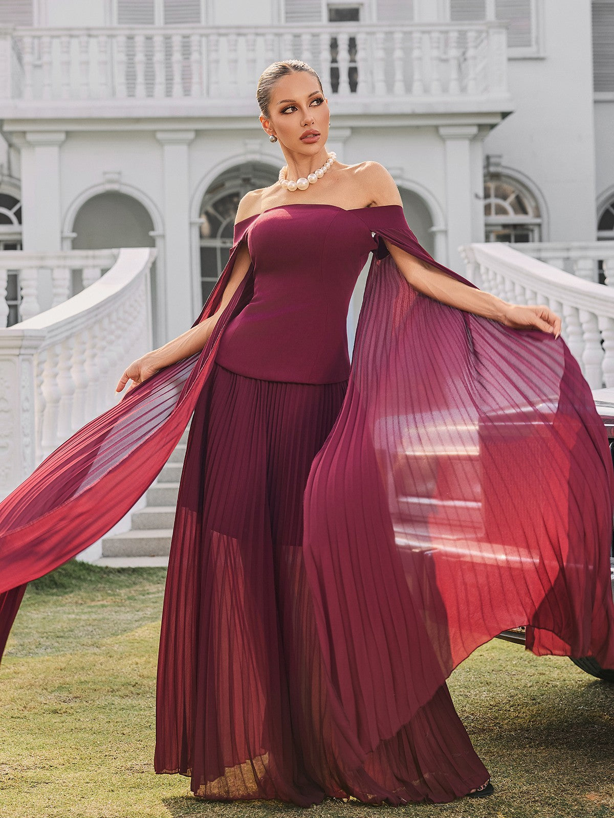 Qyressa Off Shoulder Pleated Maxi Dress