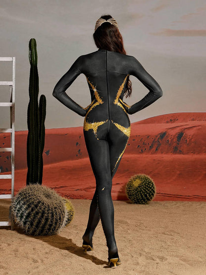 Radek Body Printed Rhinestone Gloves Jumpsuit In Gold