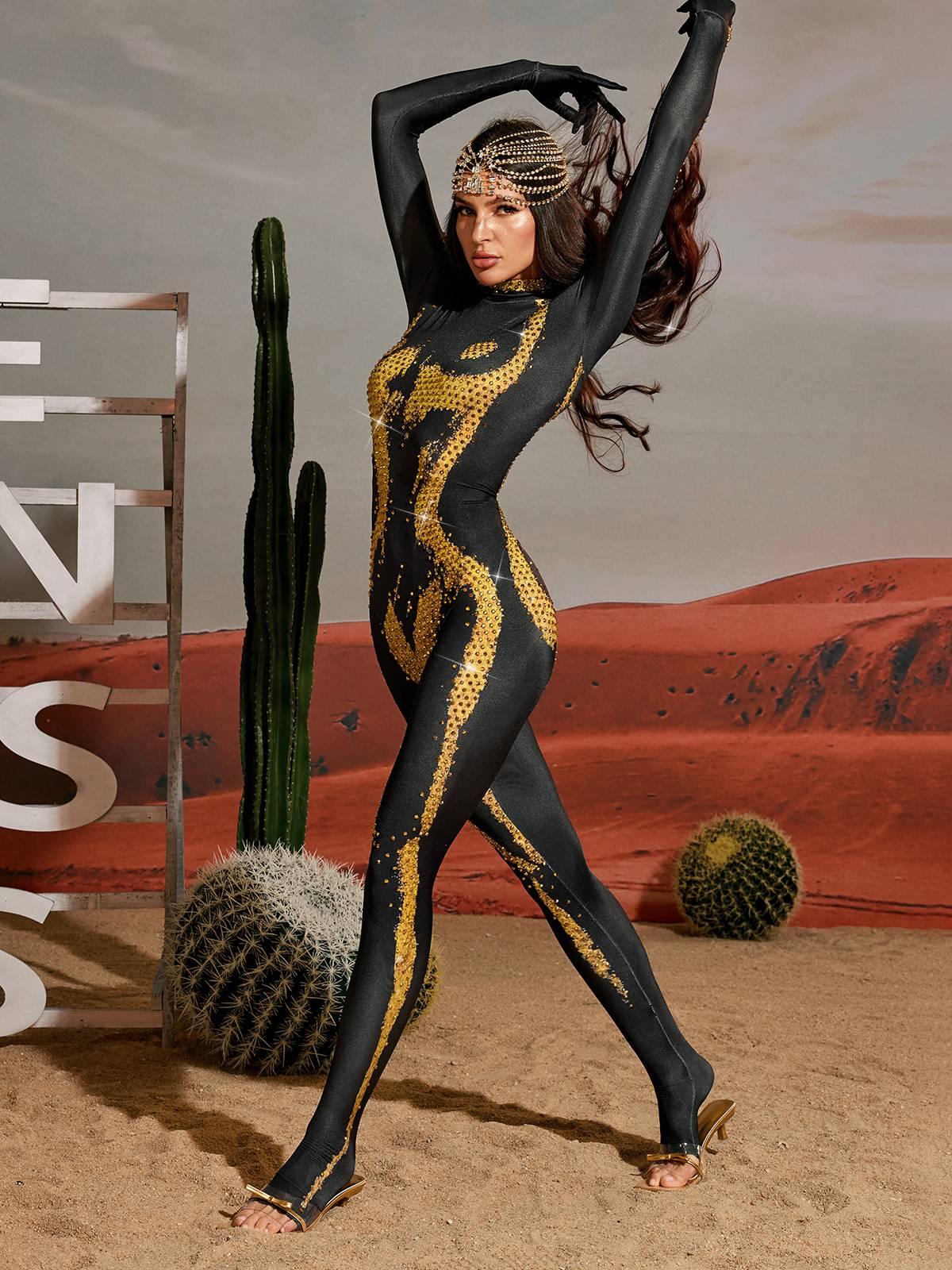 Radek Body Printed Rhinestone Gloves Jumpsuit In Gold