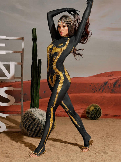 Radek Body Printed Rhinestone Gloves Jumpsuit In Gold
