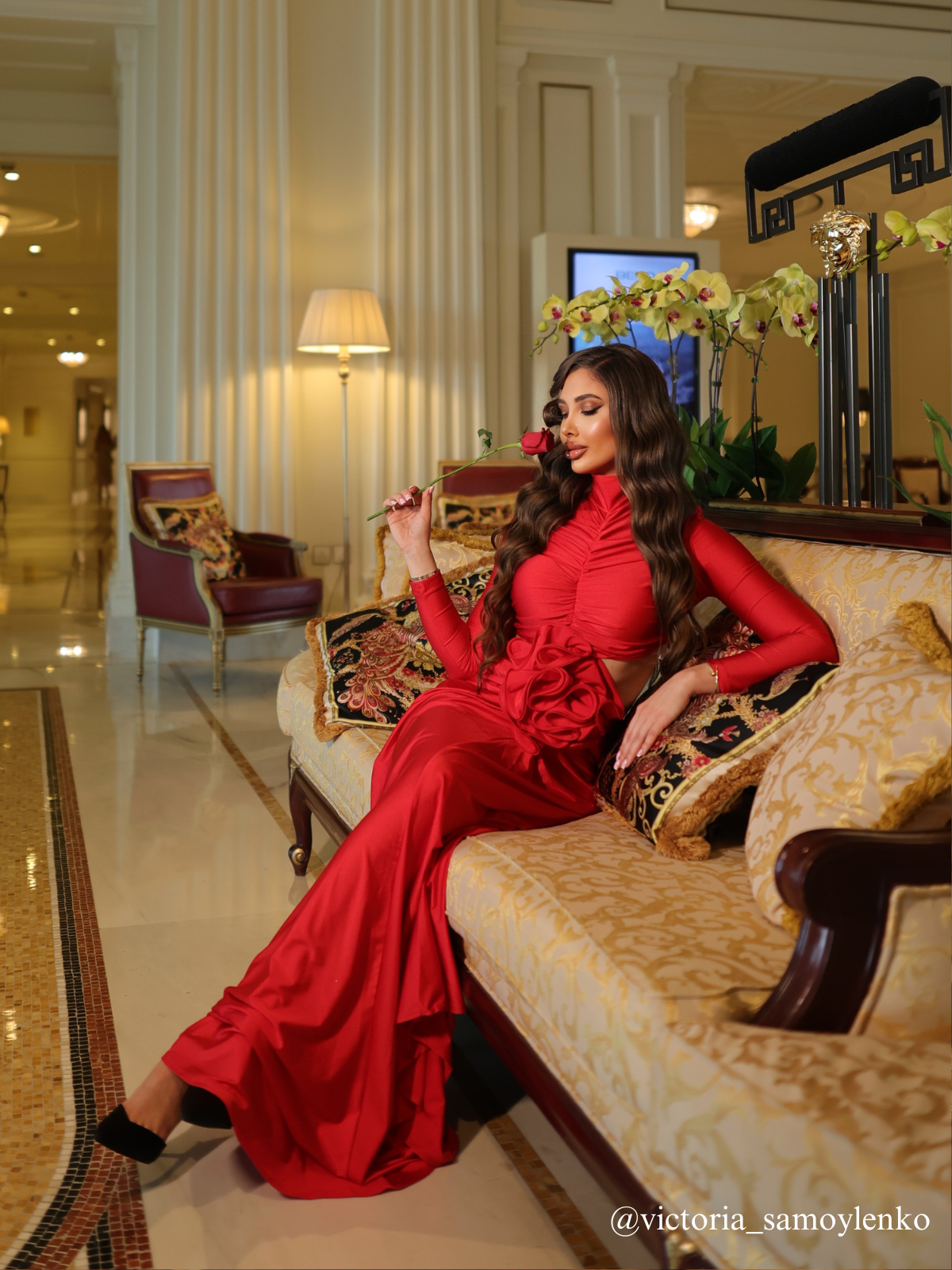 Renwick Long Sleeve Flower Cutout Maxi Dress In Red