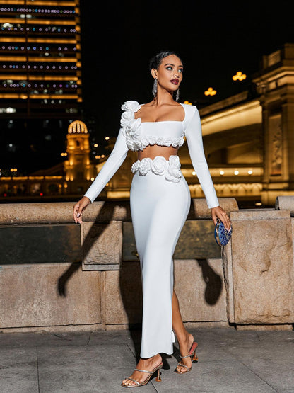 Rufus Flower Bandage Skirt Set In White