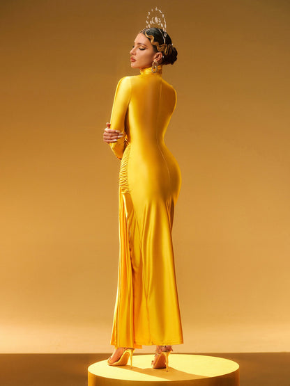 Rumaysa Long Sleeve Twisted Maxi Dress In Gold