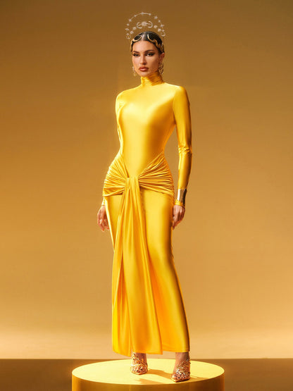 Rumaysa Long Sleeve Twisted Maxi Dress In Gold