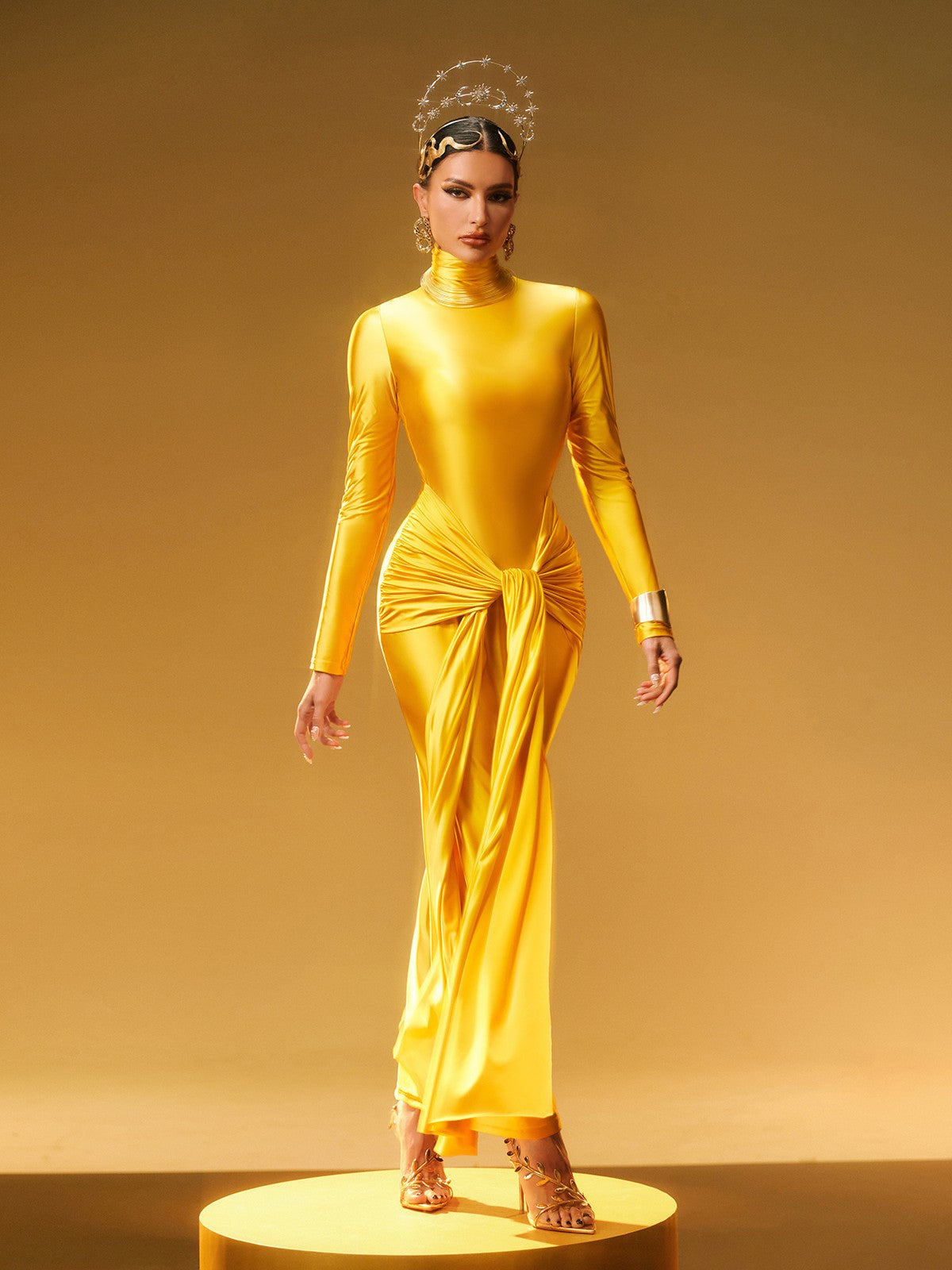 Rumaysa Long Sleeve Twisted Maxi Dress In Gold