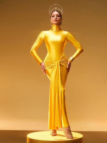 Rumaysa Long Sleeve Twisted Maxi Dress In Gold