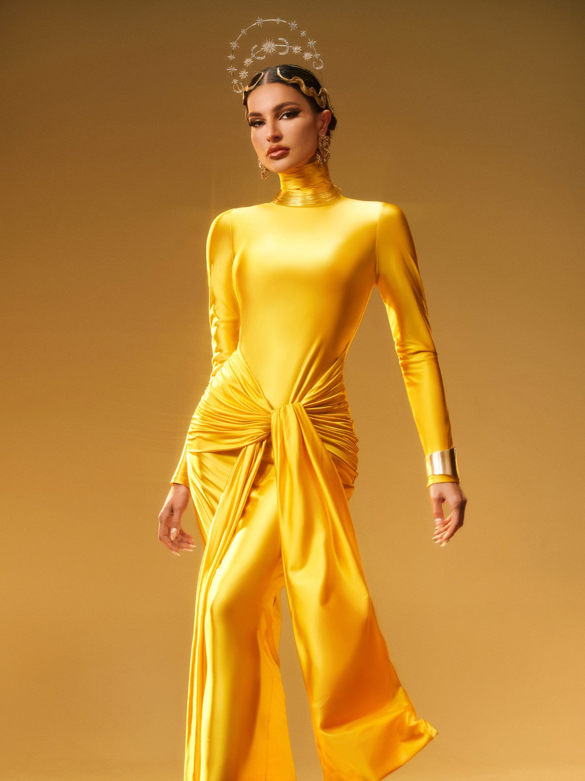 Rumaysa Long Sleeve Twisted Maxi Dress In Gold