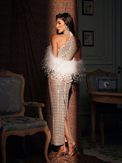 Russell Halterneck Rhinestone Feather Maxi Dress