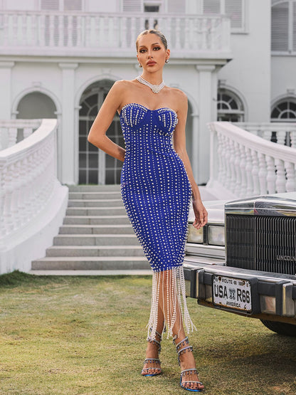 Ryxalia Strapless Pearl Bandage Midi Dress