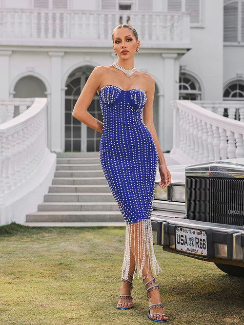 Ryxalia Strapless Pearl Bandage Midi Dress