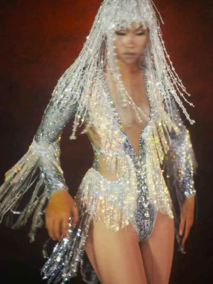 Ryxara Long Sleeve Fringe Embellished Bodysuit