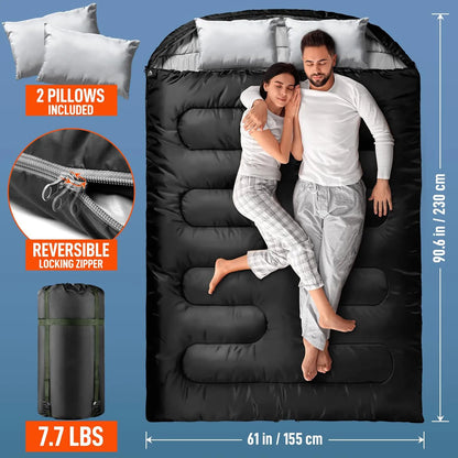 Double Sleeping Bag (-5°C) for Cold Weather – Free 2 Pillows & Storage Bag | Free UK Shipping