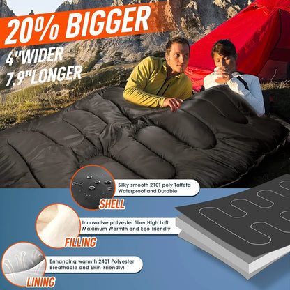Double Sleeping Bag (-5°C) for Cold Weather – Free 2 Pillows & Storage Bag | Free UK Shipping