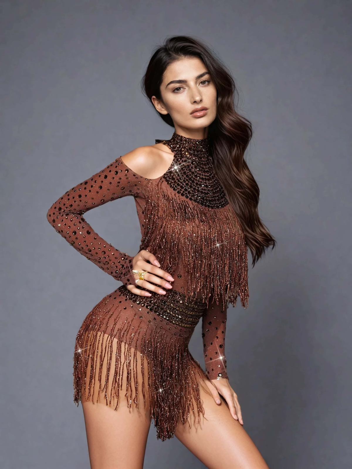 Safa Rhinestone Glitter Fringe Bodysuit