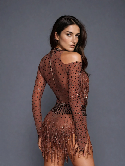 Safa Rhinestone Glitter Fringe Bodysuit