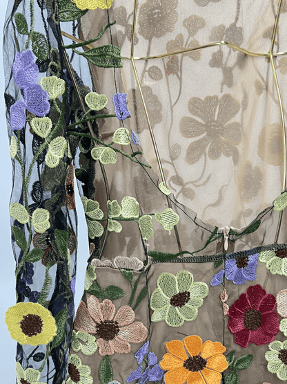 Saige Long Sleeve Mesh Flower Mini Dress In Black