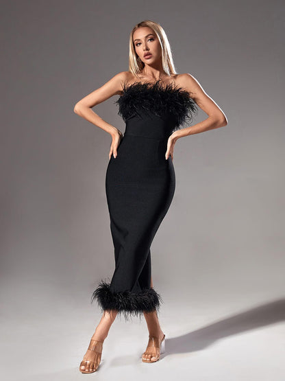 Salome Strapless Feather Trimmed Bandage Dress In Black