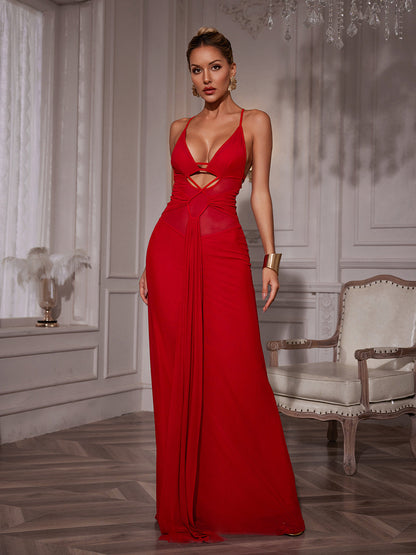 Sanjiro Spaghetti Hollow Draped Mesh Dress