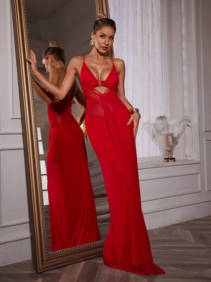 Sanjiro Spaghetti Hollow Draped Mesh Dress