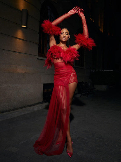 Satine Spaghetti Tulle Maxi Dress With Gloves