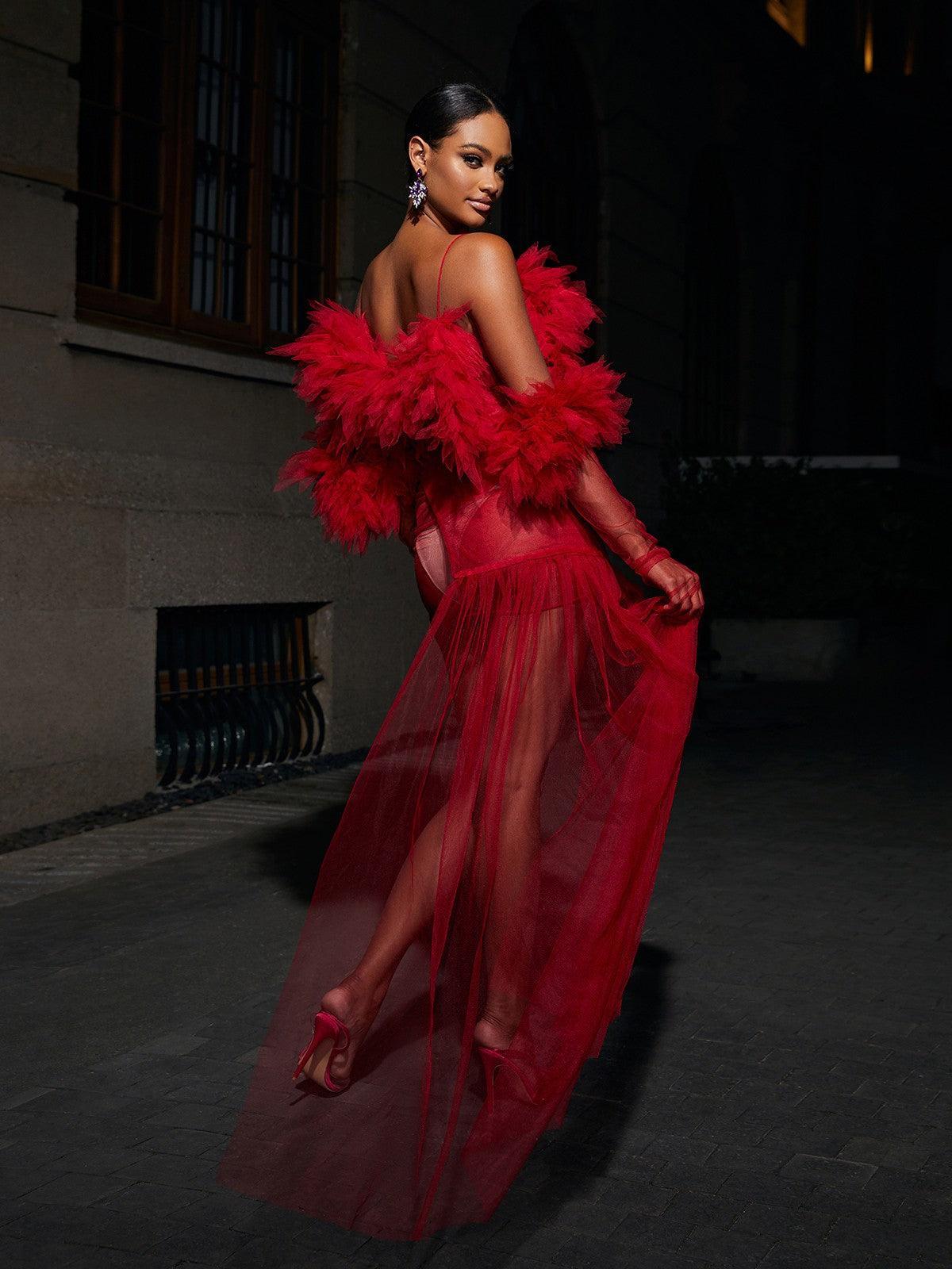 Satine Spaghetti Tulle Maxi Dress With Gloves