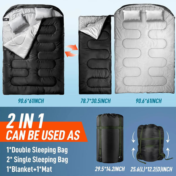 Double Sleeping Bag - Get Free 2 Pillows + Storage Bag
